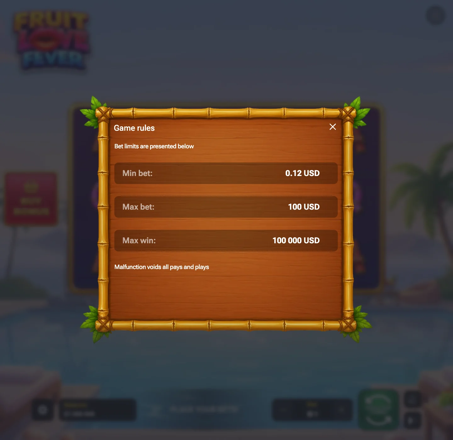 Fruit Love Fever rules modal showing min bet, max bet, and max win