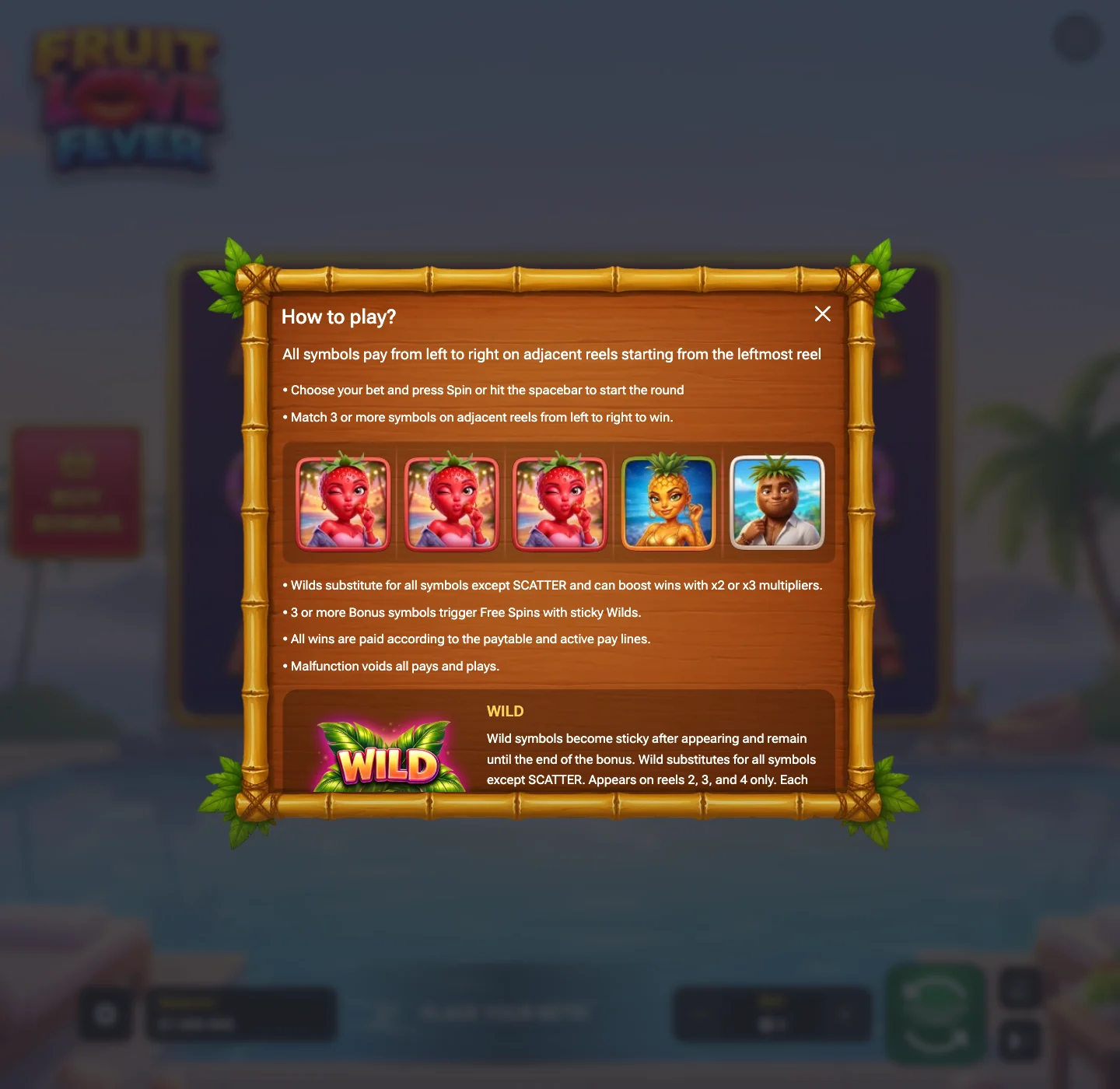 Fruit Love Fever rules overlay with Wild and Scatter feature details